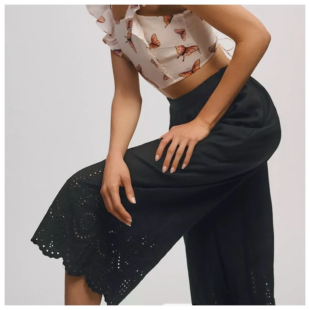 Anthropologie Wide-Leg Eyelet Crop Pants - Picture 2 of 5